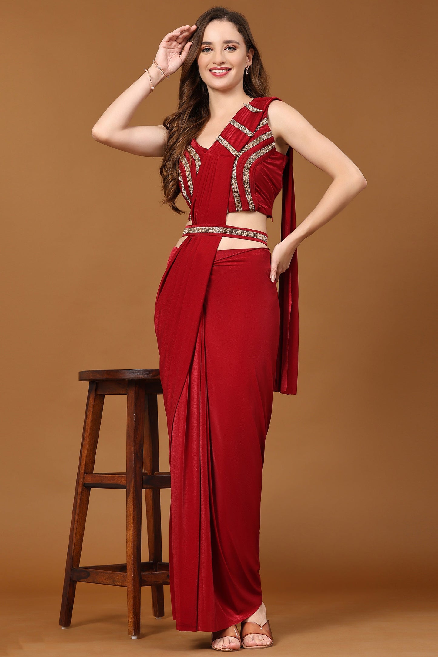 Blazing Red Color Ready To Wear Fancy Fabric Saree