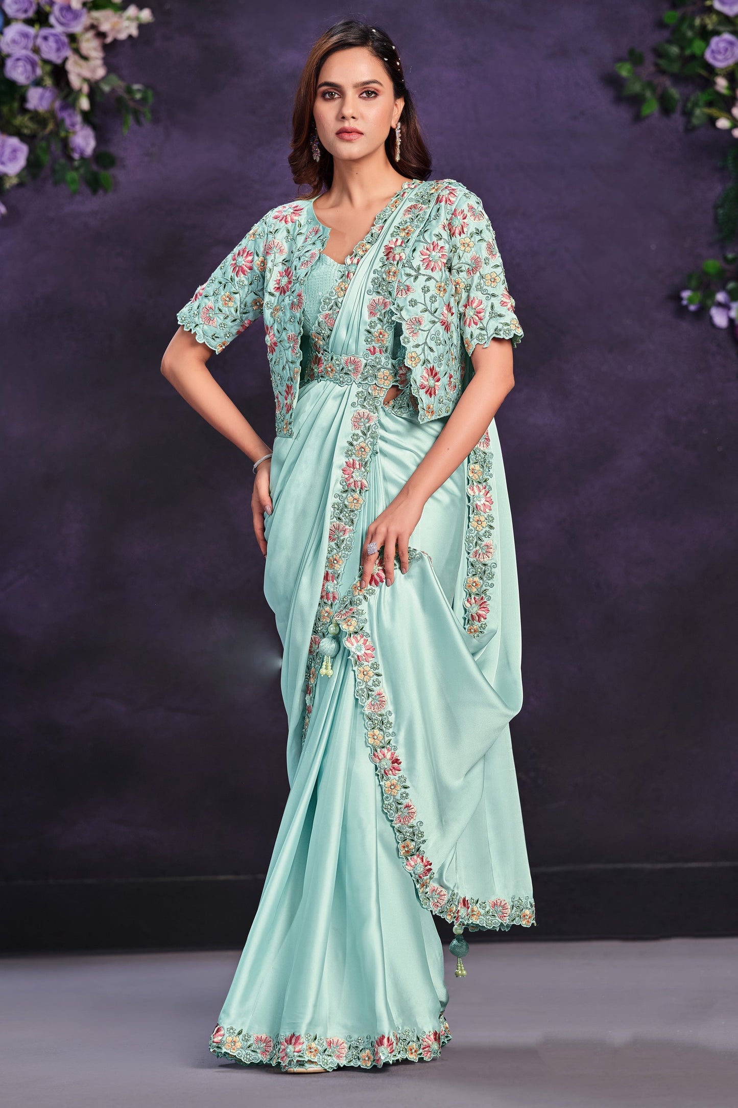 Marvellous Border Work On Satin Silk Fabric Ready To Wear Saree In Light Cyan Color