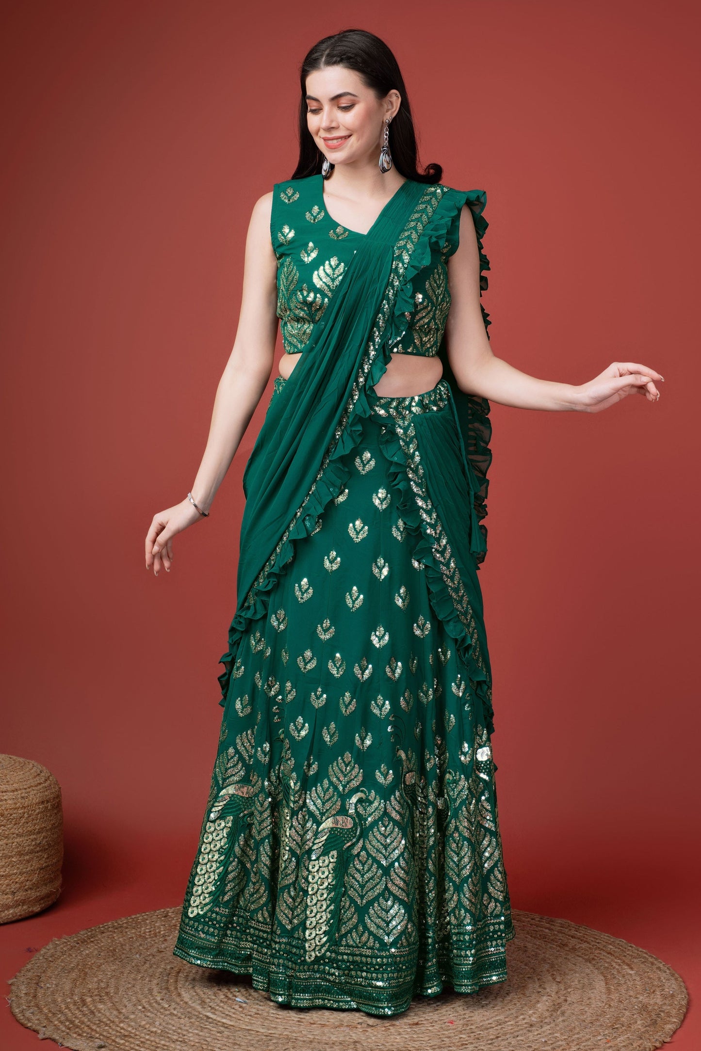 Elegant Green Color Georgette Fabric Function Wear Sequins Work Lehenga