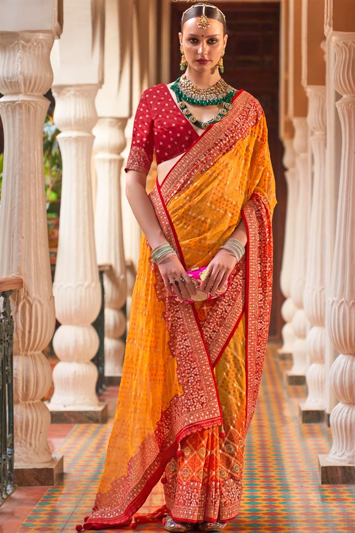 सरसों के रंग में सुंदर जॉर्जेट फैब्रिक कैज़ुअल लुक साड़ी