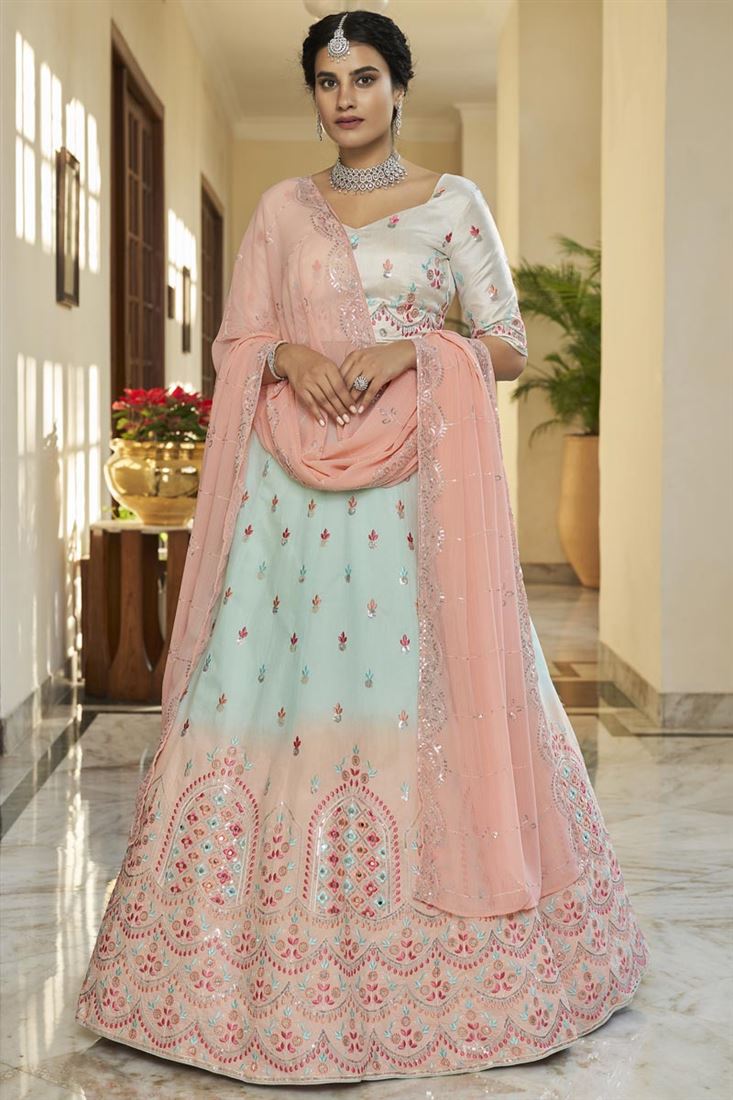 संगीत वियर स्काई ब्लू कलर आर्ट सिल्क फैब्रिक अविश्वसनीय लेहेंगा