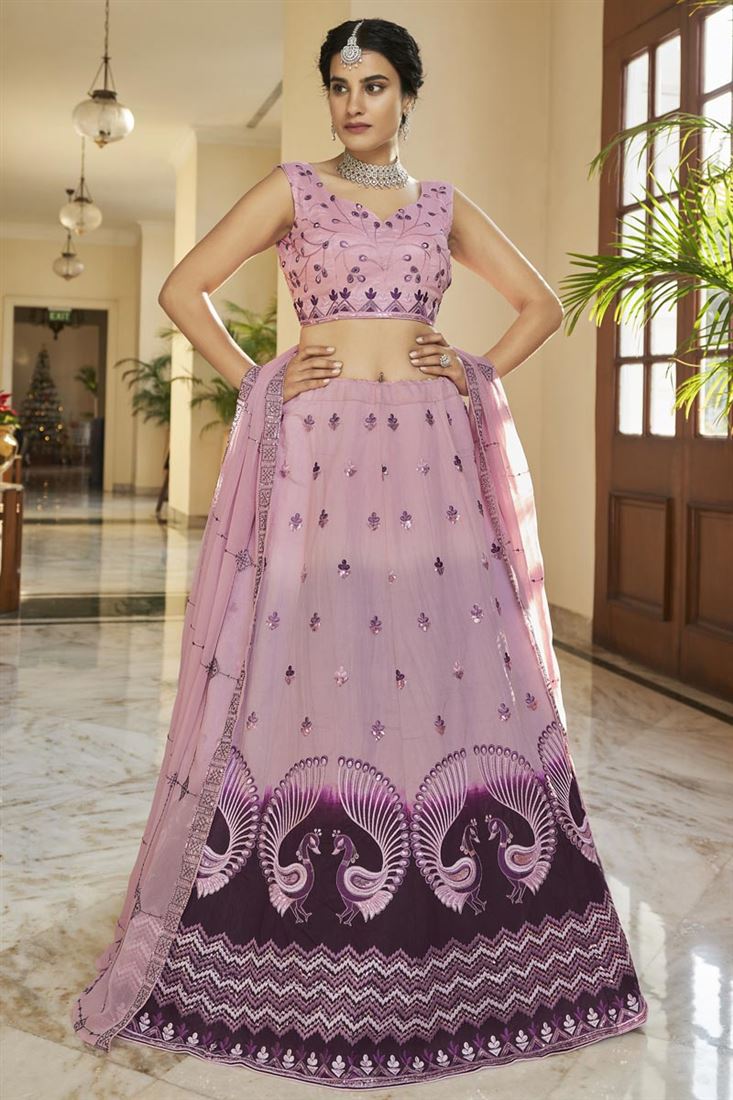 आर्ट सिल्क फैब्रिक संगीत वियर गुलाबी रंग का अद्भुत लहंगा