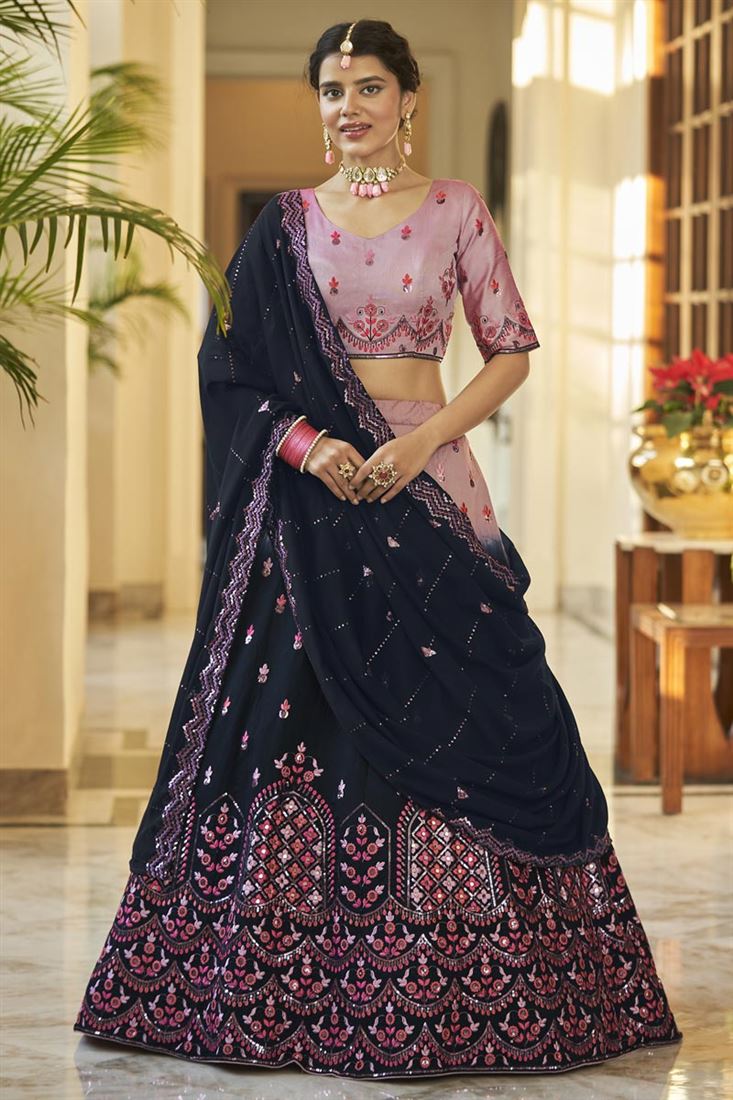 संगीत वियर आर्ट सिल्क फैब्रिक नेवी ब्लू रंग आकर्षक लहंगा