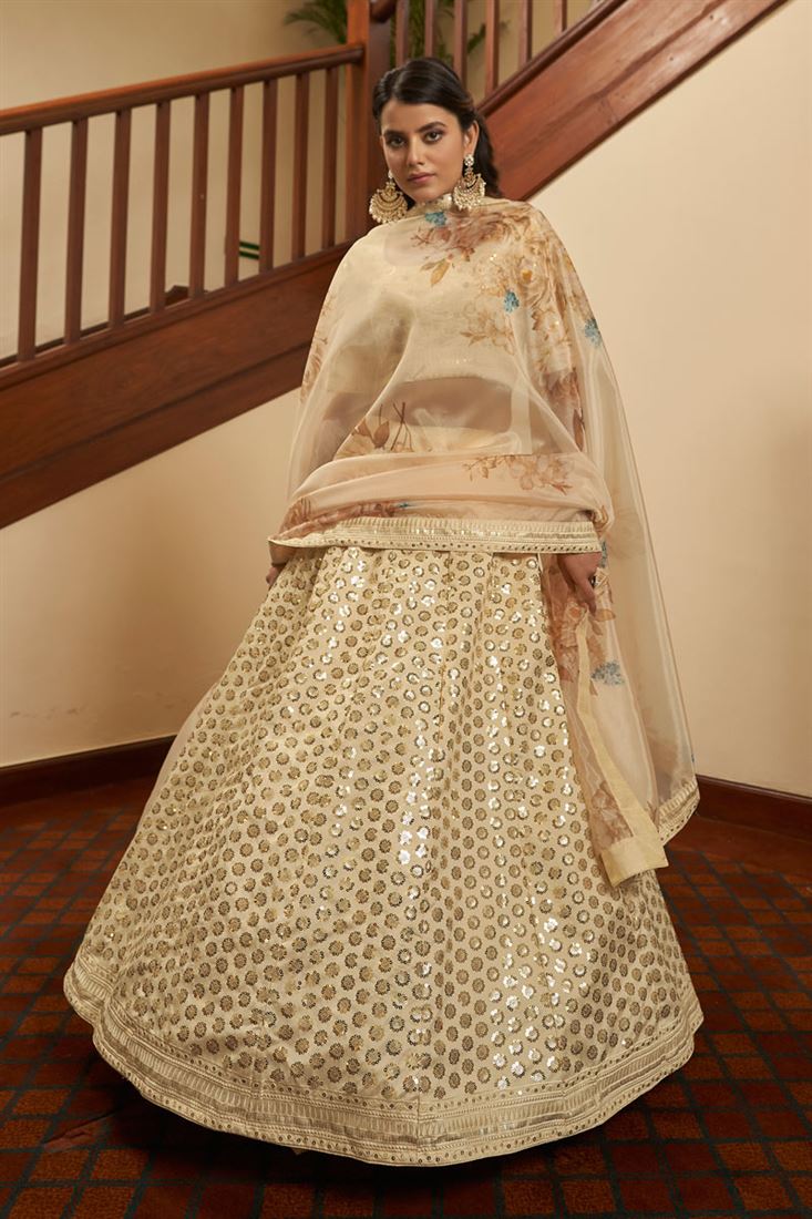 बेज कलर आर्ट सिल्क फ़ैब्रिक सेक्विन वर्क वेडिंग वियर लहंगा चोली