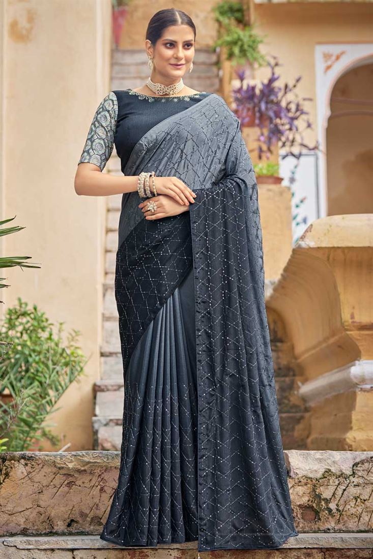 ग्रे रंग में सेक्विन वर्क चिनॉन फैब्रिक चमकदार साड़ी
