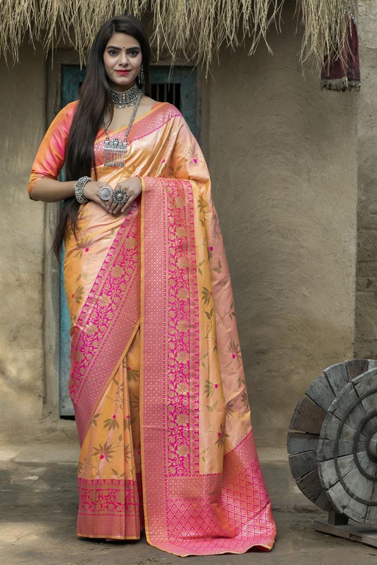 Yellow Color Function Wear Art Silk Fabric Fancy Weaving Work Saree