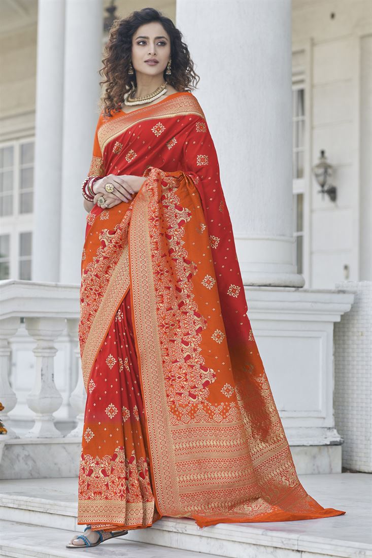 Red Color Sangeet Wear Art Silk Fabric Bright Saree With Weaving Work