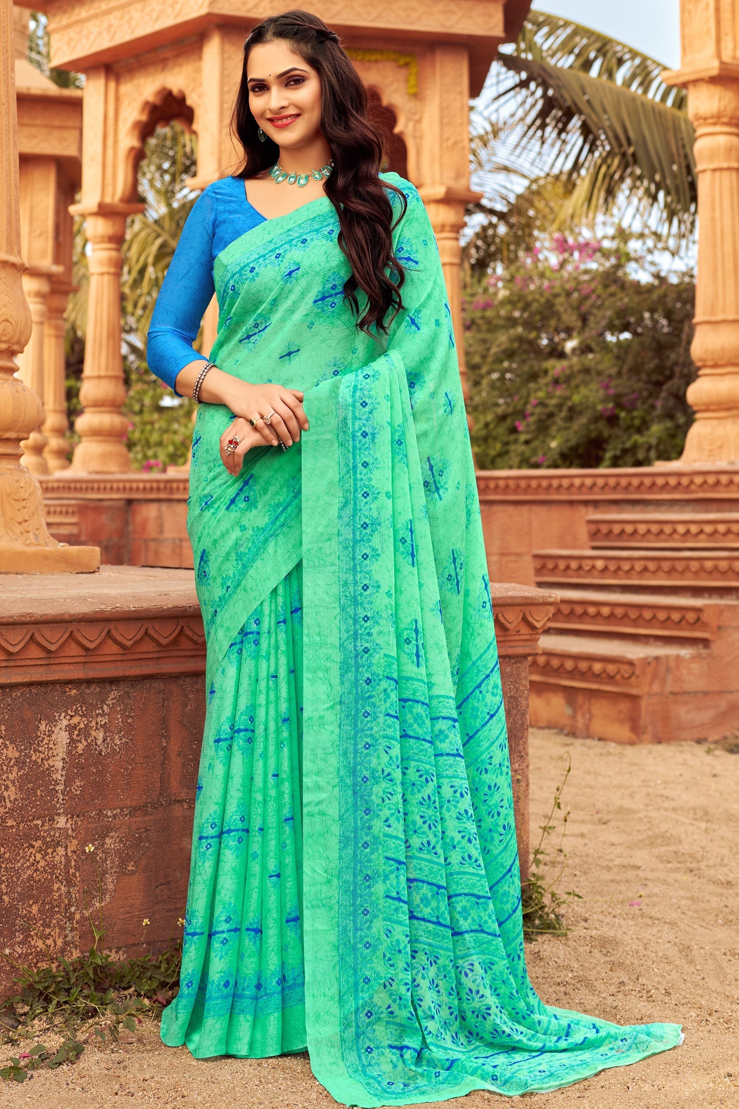 Chiffon Fabric Sea Green Color Pleasance Saree With Printed Work