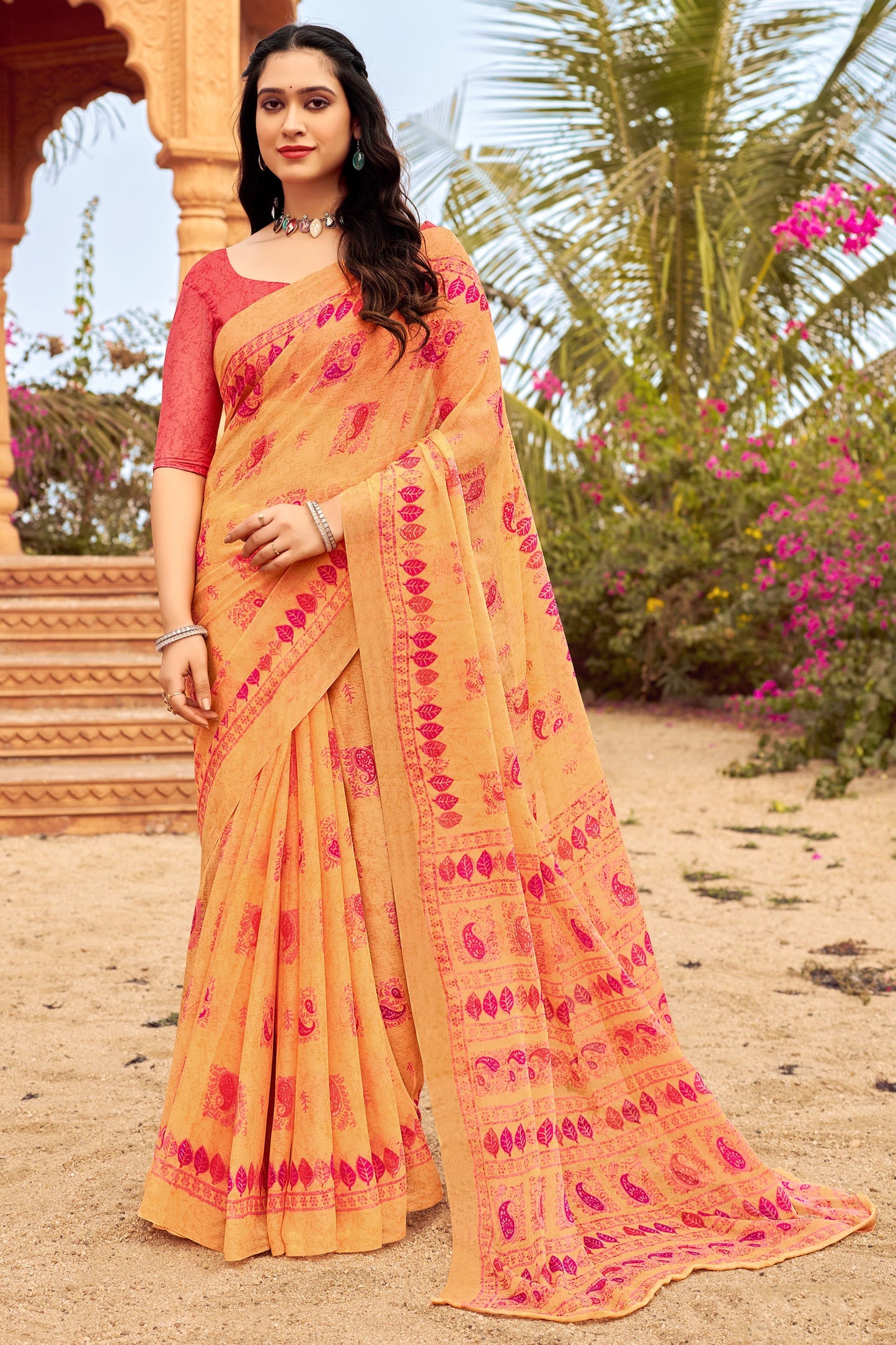 Chiffon Fabric Mustard Color Riveting Saree With Printed Work