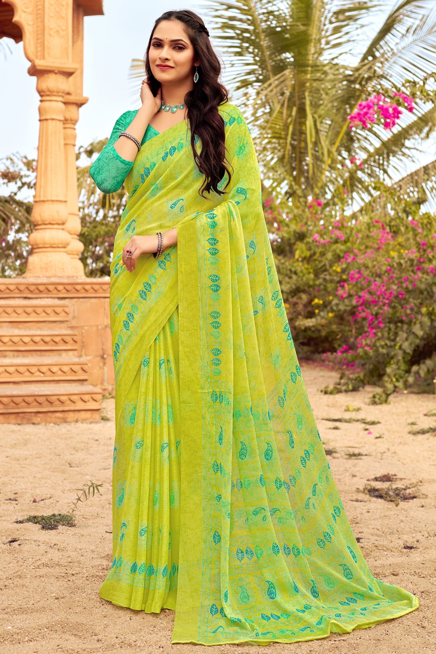 Chiffon Fabric Green Color Excellent Saree With Printed Work