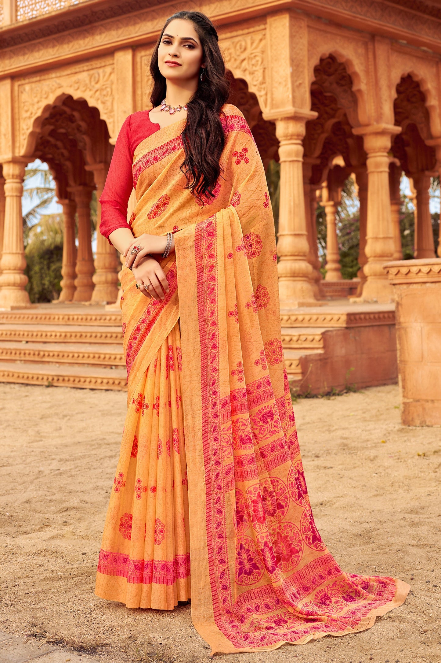 Peach Color Chiffon Fabric Engaging Saree With Printed Work
