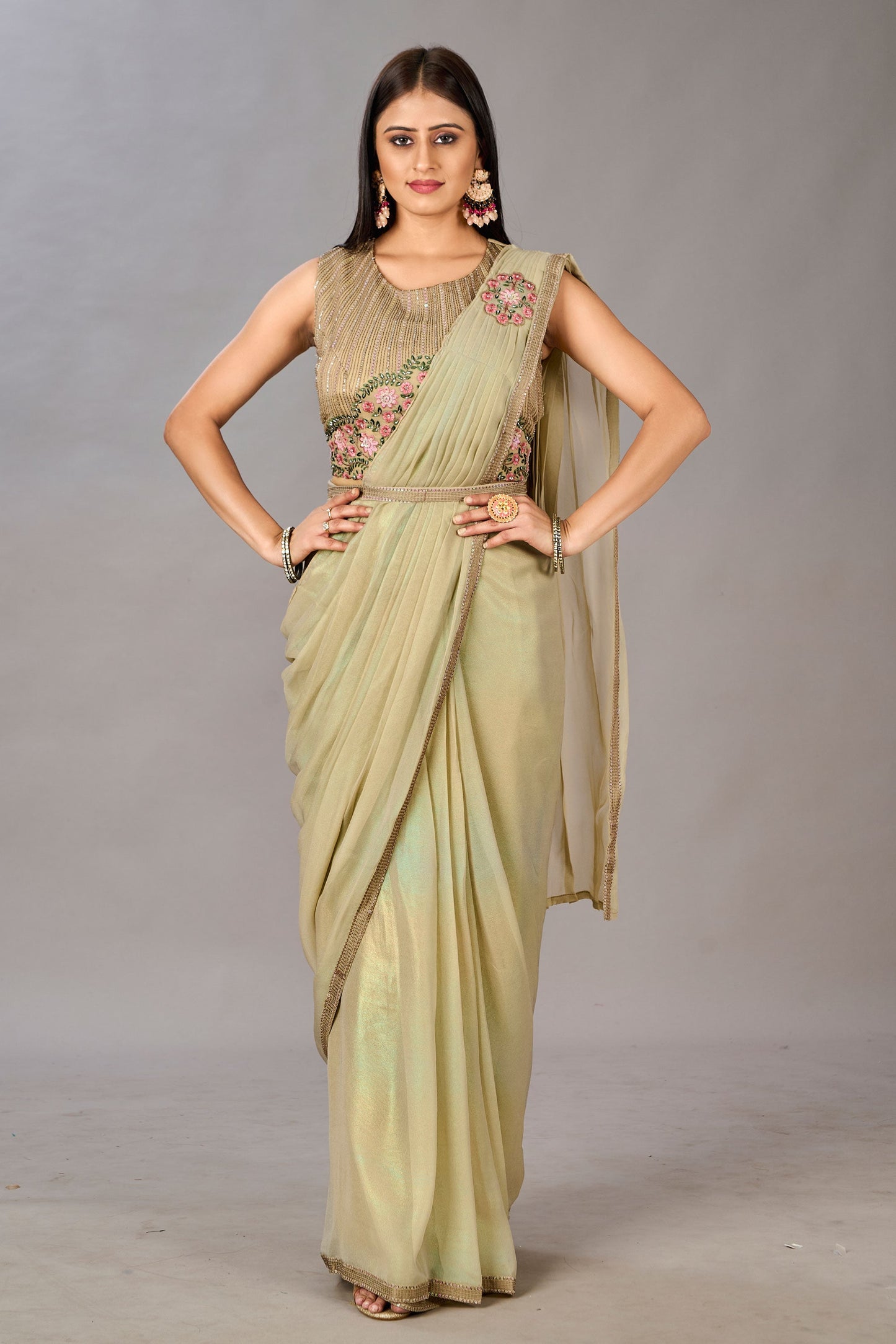 Embroidered Work On Georgette Fabric Bewitching One Minute Saree In Sea Green Color