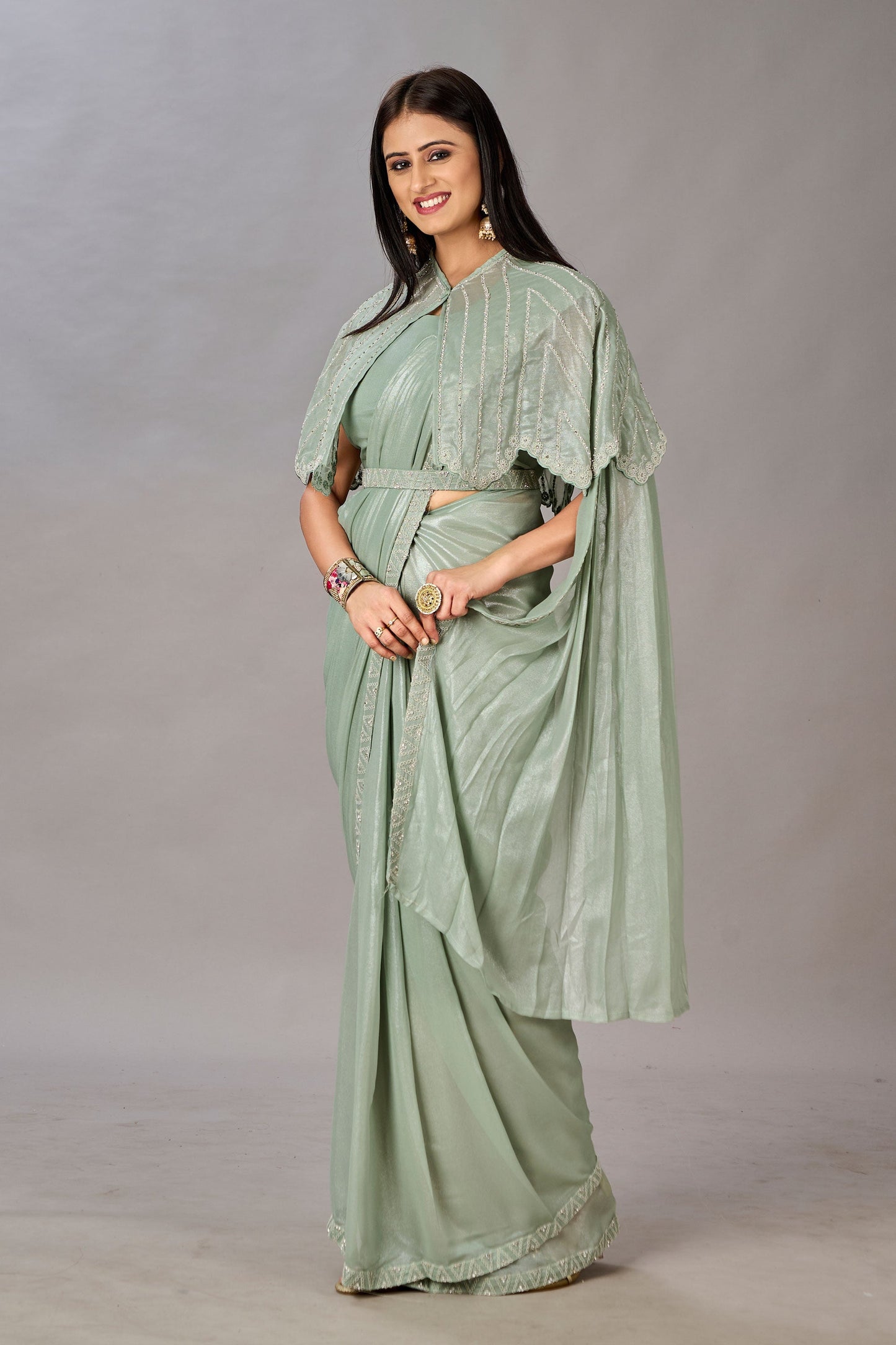 Georgette Fabric Olive Color Excellent One Minute Saree With Embroidered Work