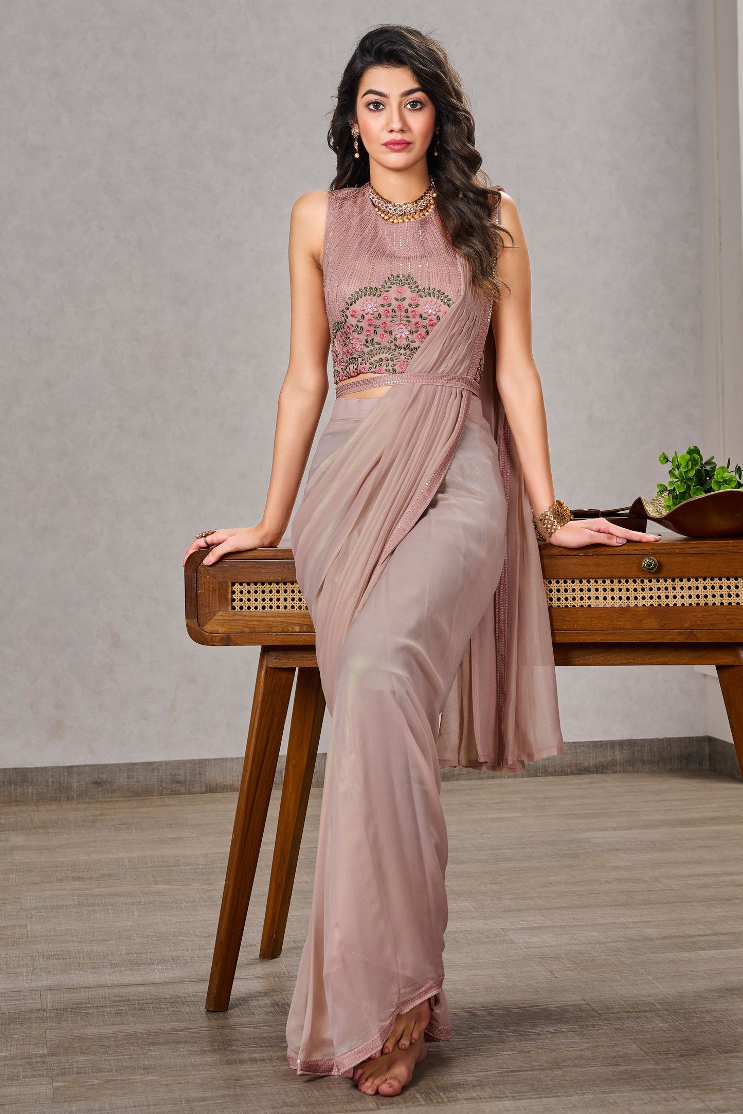 Embroidered Work On Pink Color Georgette Fabric Trendy One Minute Saree