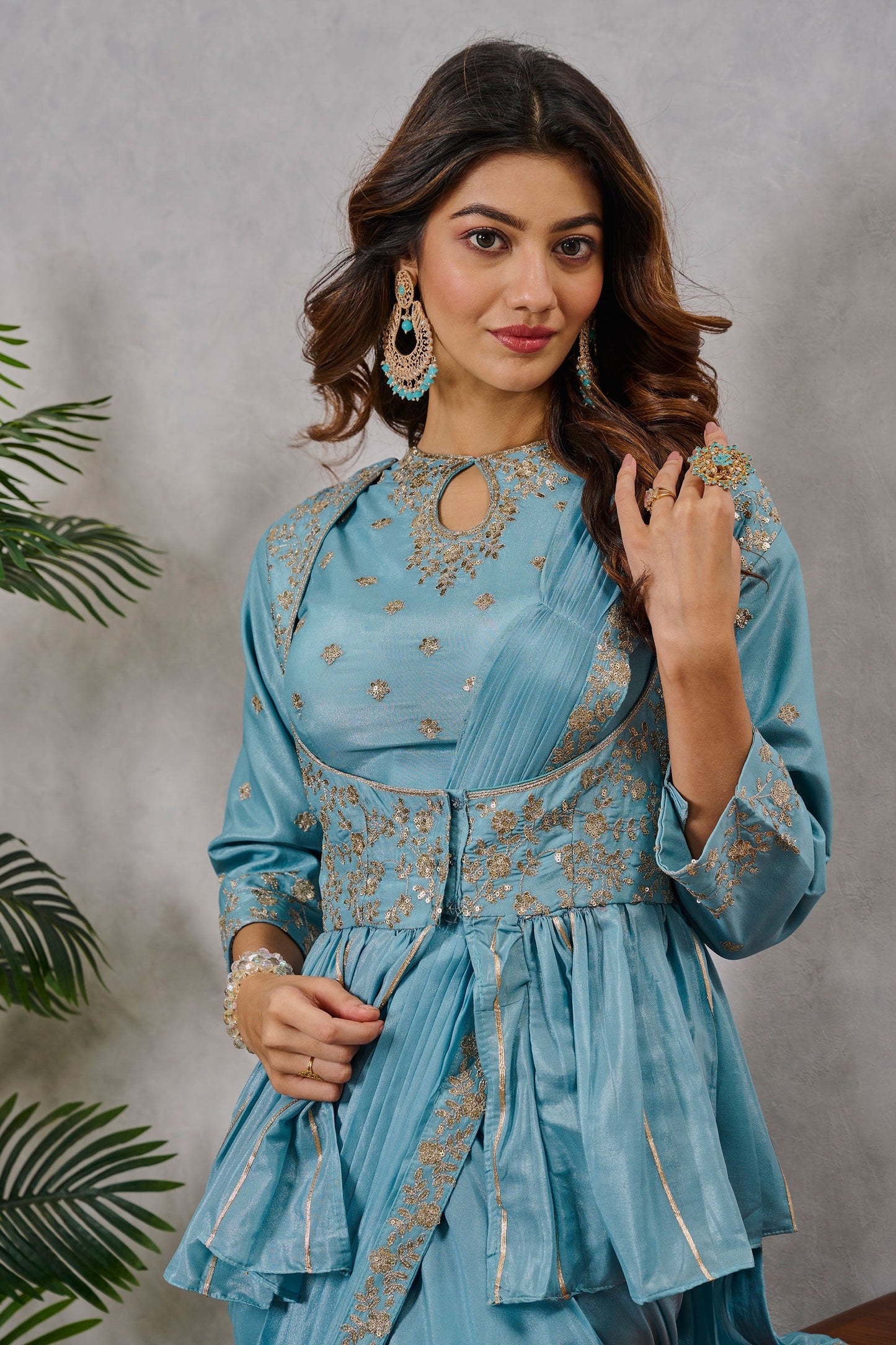 Cyan Color Georgette Fabric Engaging One Minute Saree With Embroidered Work