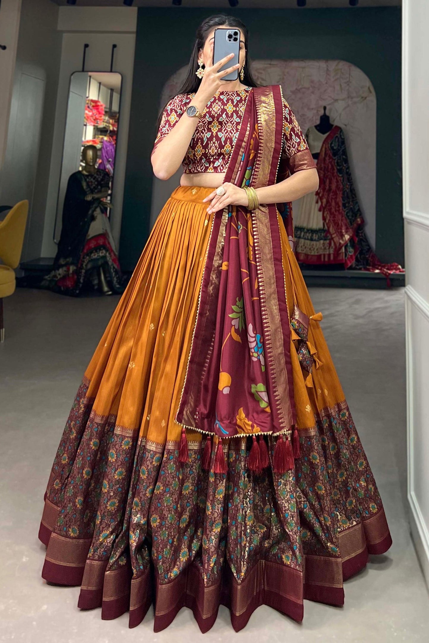 Art Silk Fabric Captivating Mustard Color Foil Printed Lehenga
