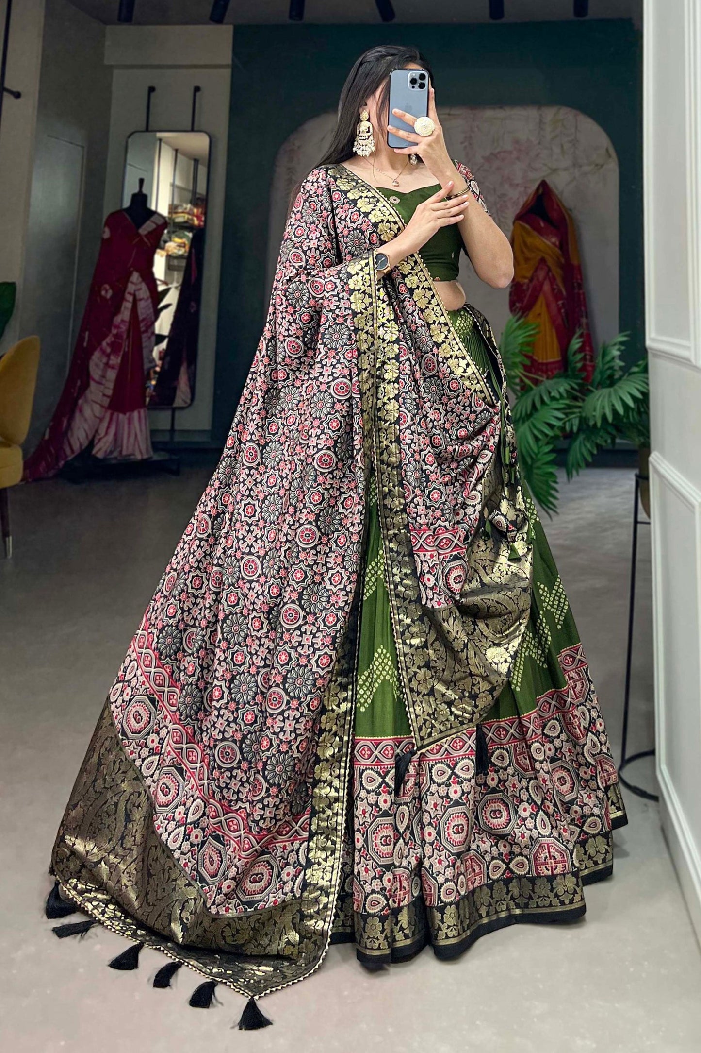 Art Silk Fabric Festival Wear Luminous Readymade Lehenga In Green Color