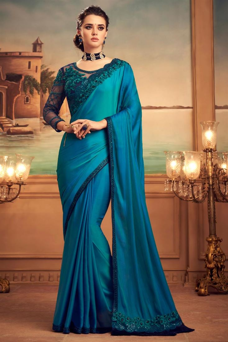 Art Silk Fabric Sky Blue Color Saree For Wedding Function