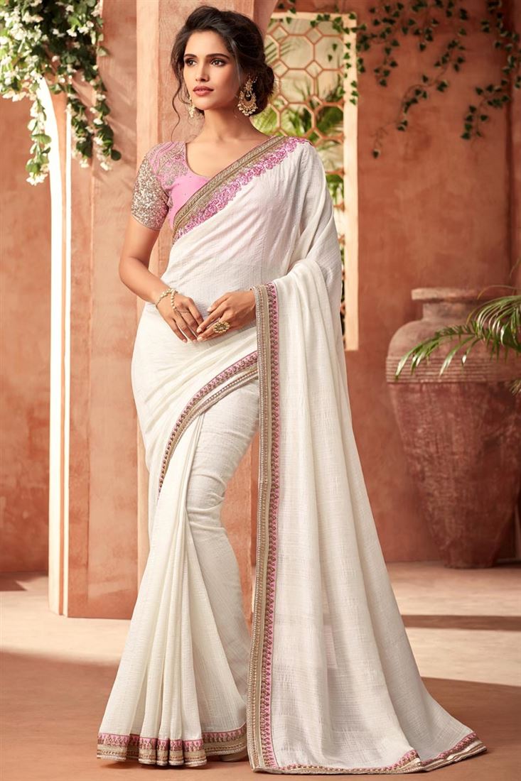 Off White Color Art Silk Fabric Embroidered Party Wear Classic Saree