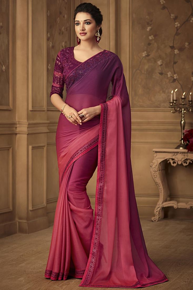 Amazing Embroidered Pink Party Wear Chiffon Silk Fabric Saree