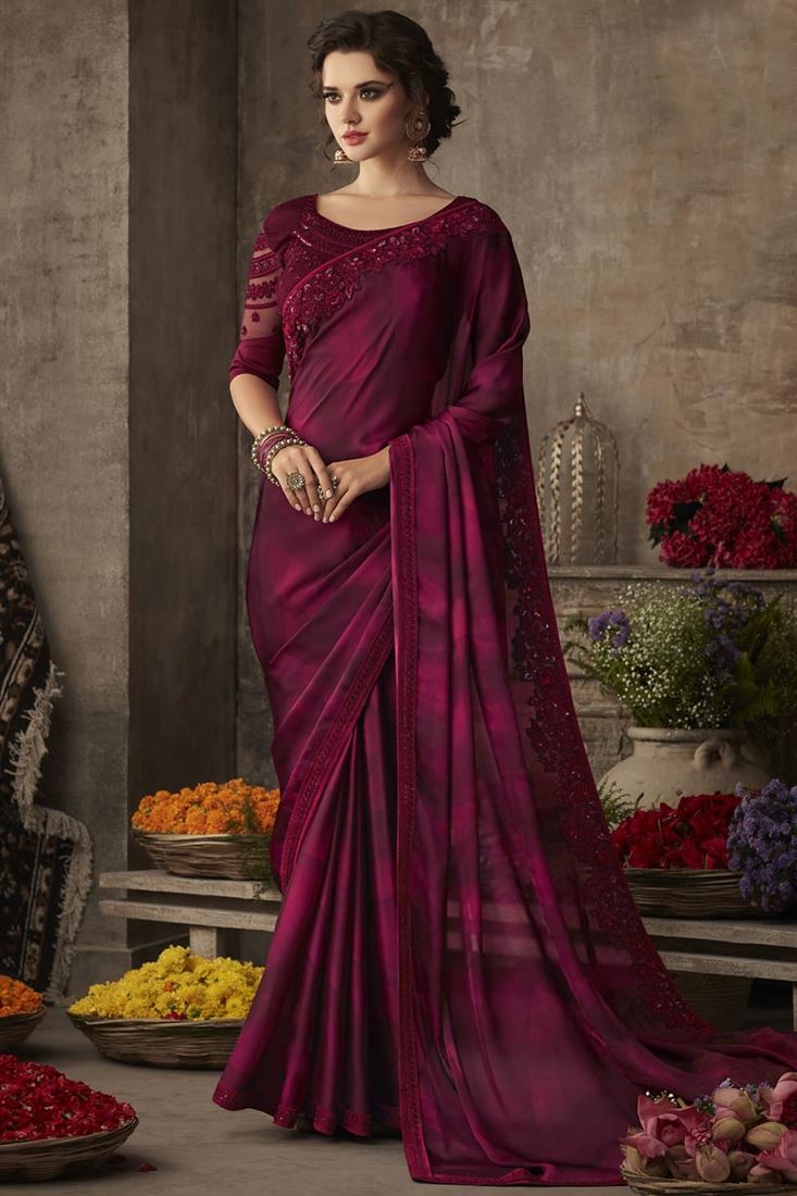 Wine Embroidered Art Silk Fabric Saree