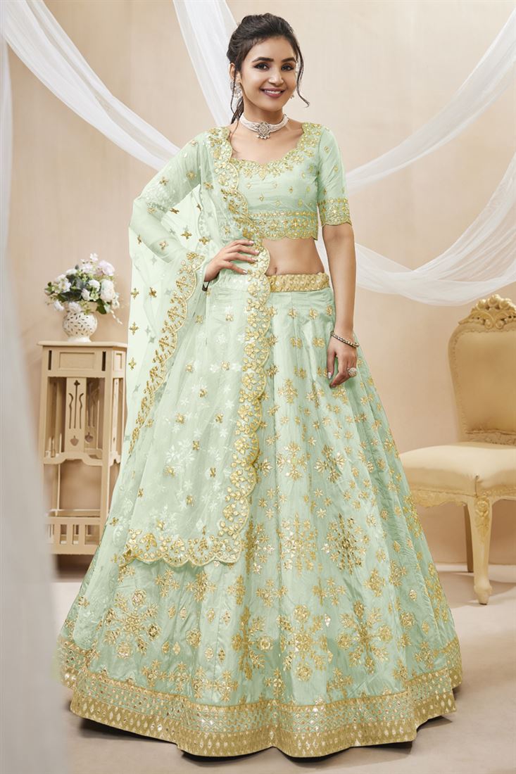 Awesome Embroidered Work On Art Silk Fabric Sea Green Color Lehenga Choli