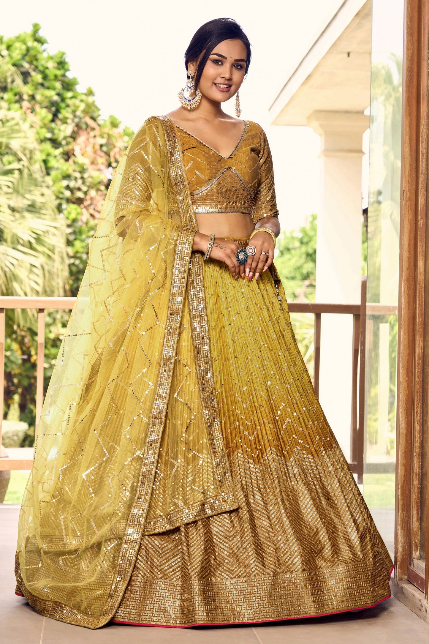 Yellow Chinon Fabric Lovely Sangeet Wear Lehenga with Sequins Work