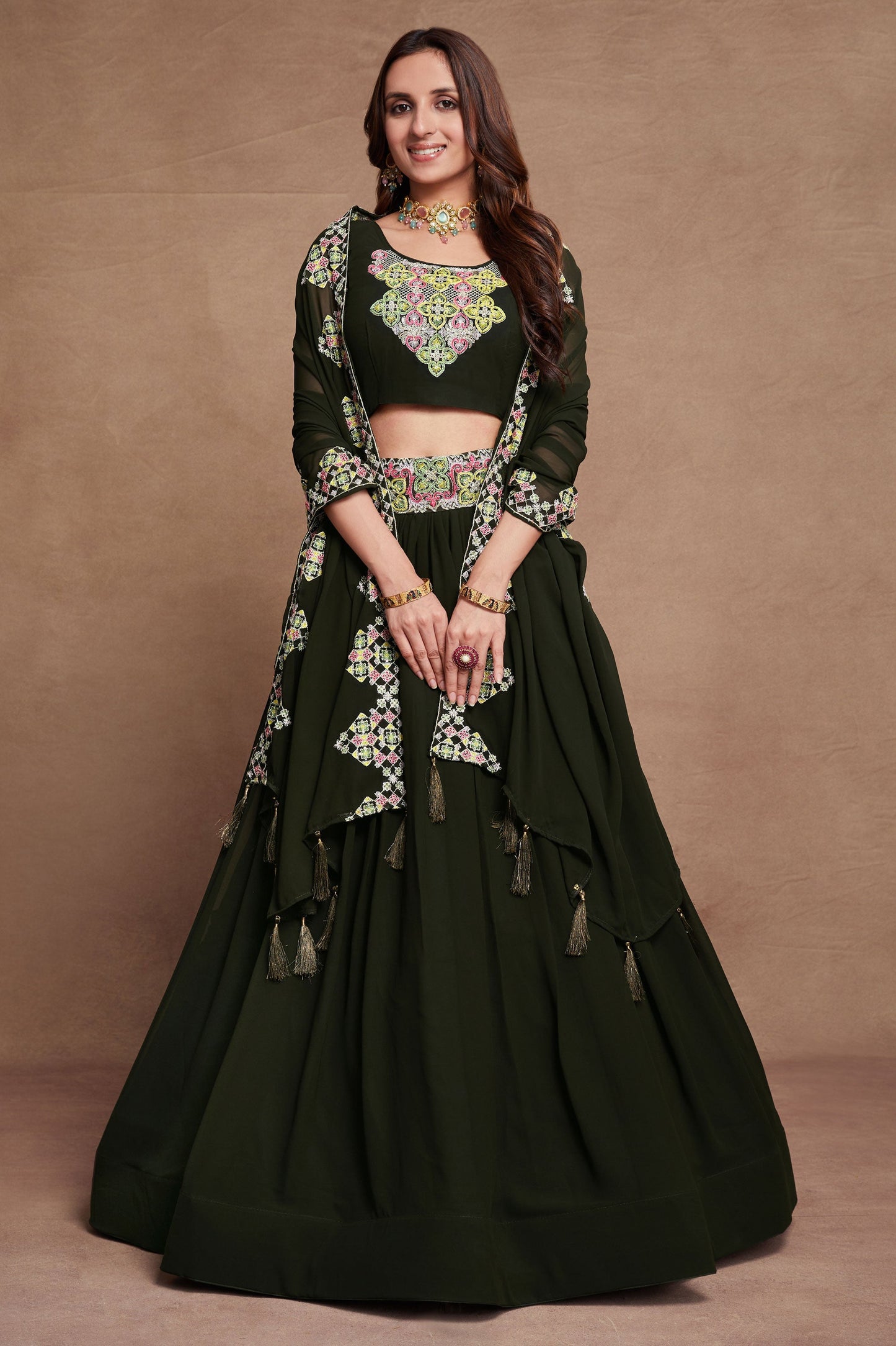 Embroidered Dark Green Color Designer 3 Piece Lehenga Choli In Georgette Fabric