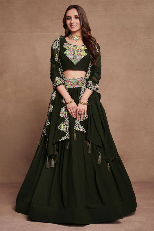 Embroidered Dark Green Color Designer 3 Piece Lehenga Choli In Georgette Fabric