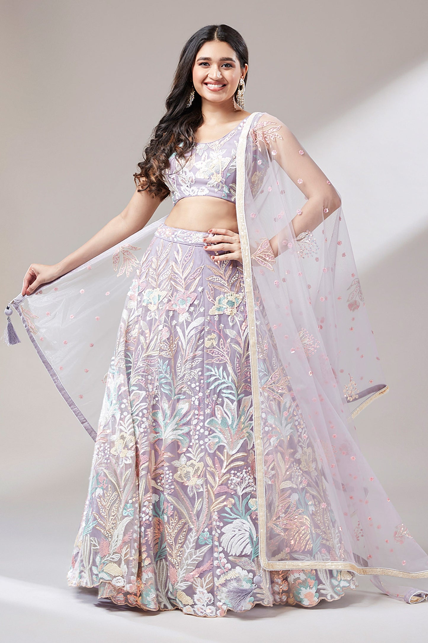 Net Fabric Lavender Color Designer 3 Piece Sequins Work Lehenga Choli