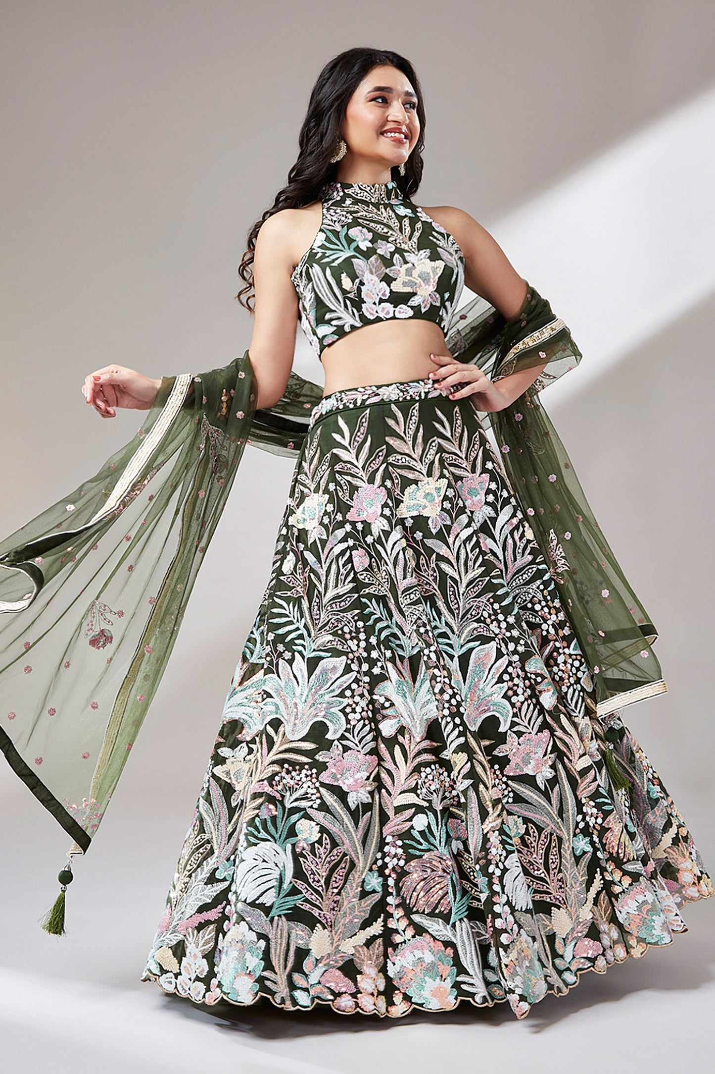 Sequins Work Olive Color Net Fabric Occasion Wear Lehenga Choli