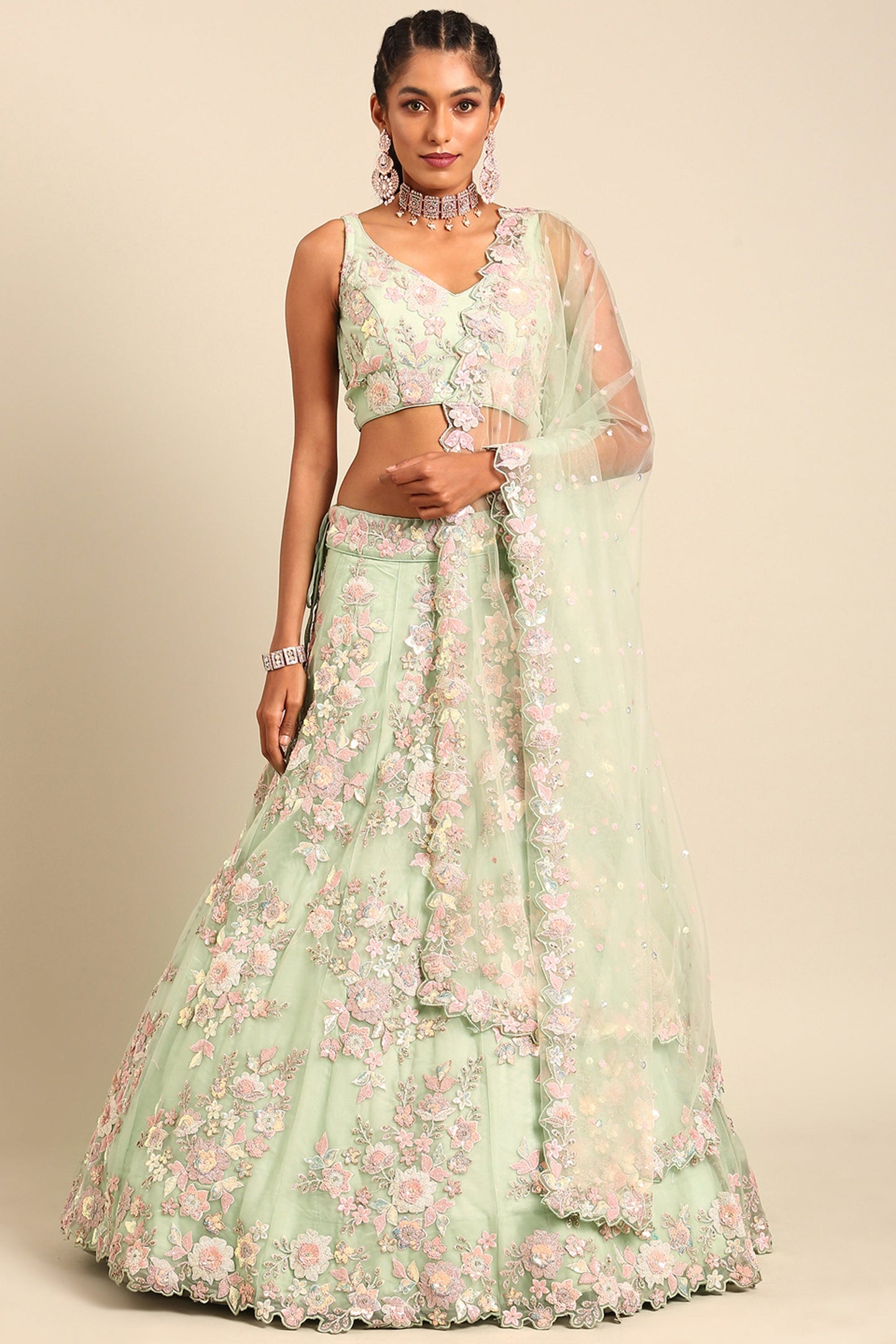 Net Fabric Sea Green Designer 3 Piece Lehenga Choli With Sequins Work Designs