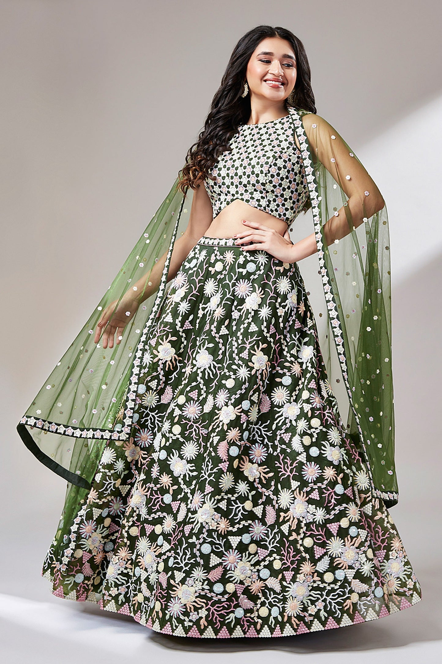 Sequins Work Occasion Wear Lehenga Choli In Olive Color Net Fabric