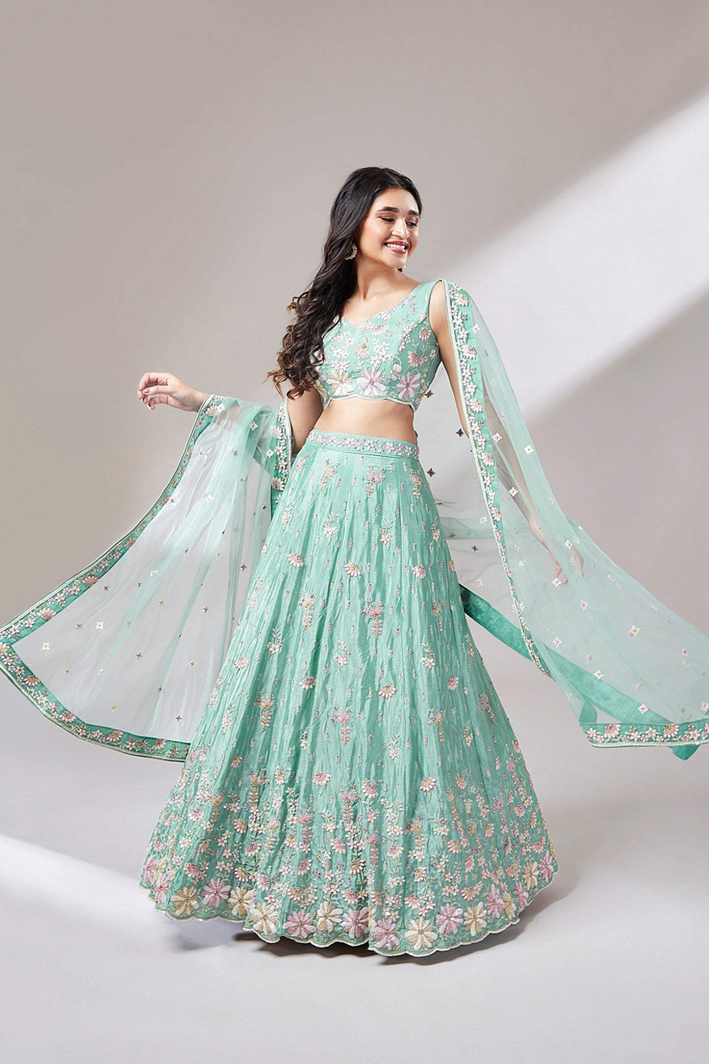 Sequins Work Sea Green Color Net Reception Wear Lehenga Choli