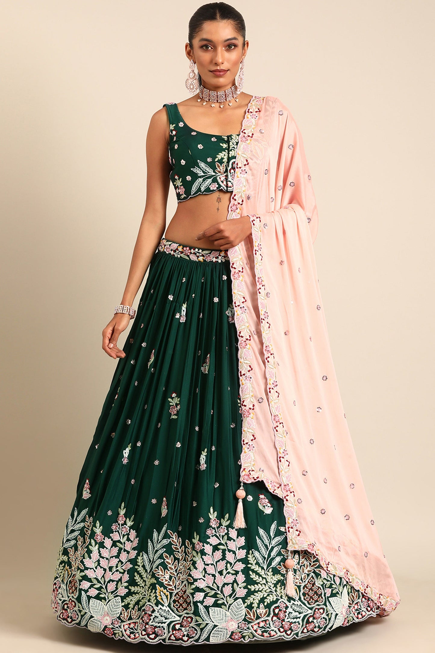 Georgette Fabric Green Designer 3 Piece Lehenga Choli With Sequins Work Designs