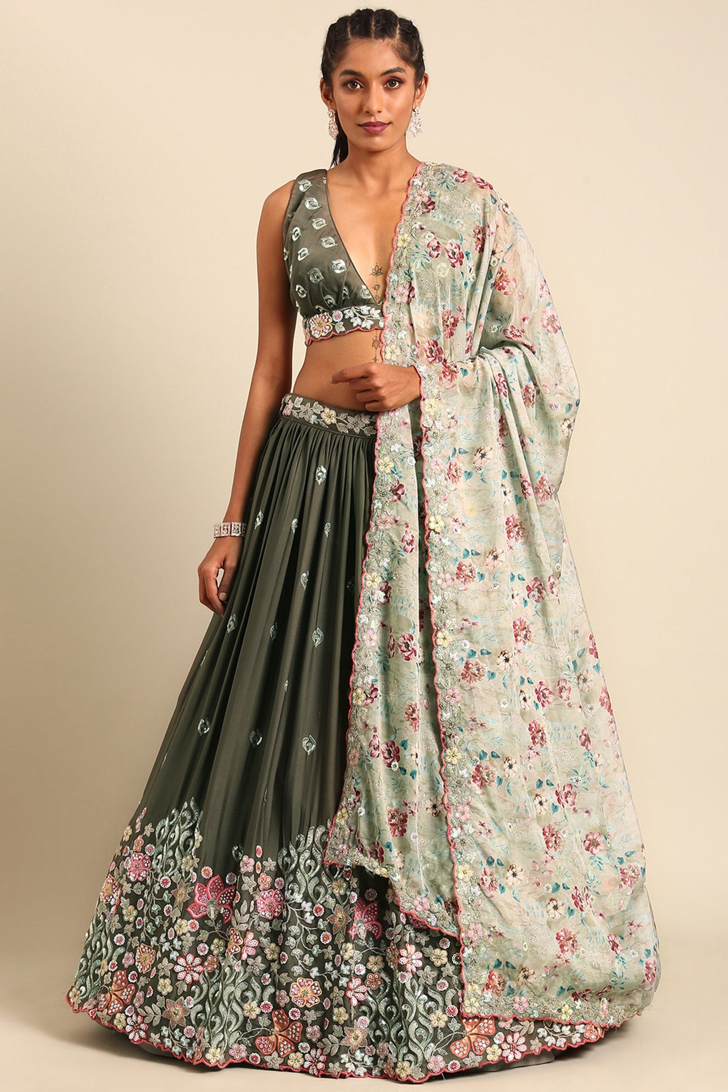 Georgette Fabric Olive Occasion Wear Lehenga Choli With Sequins Work