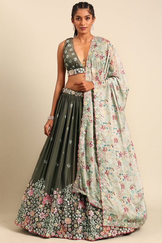Georgette Fabric Olive Occasion Wear Lehenga Choli With Sequins Work