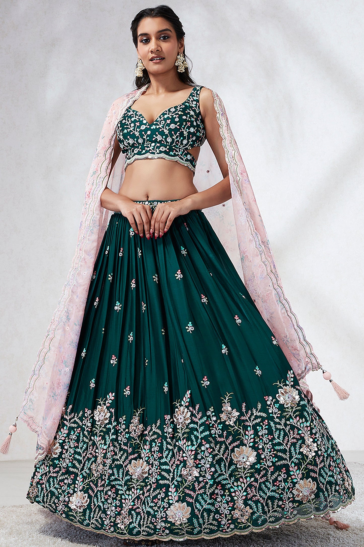 Sequins Work Green Designer 3 Piece Lehenga Choli In Georgette Fabric