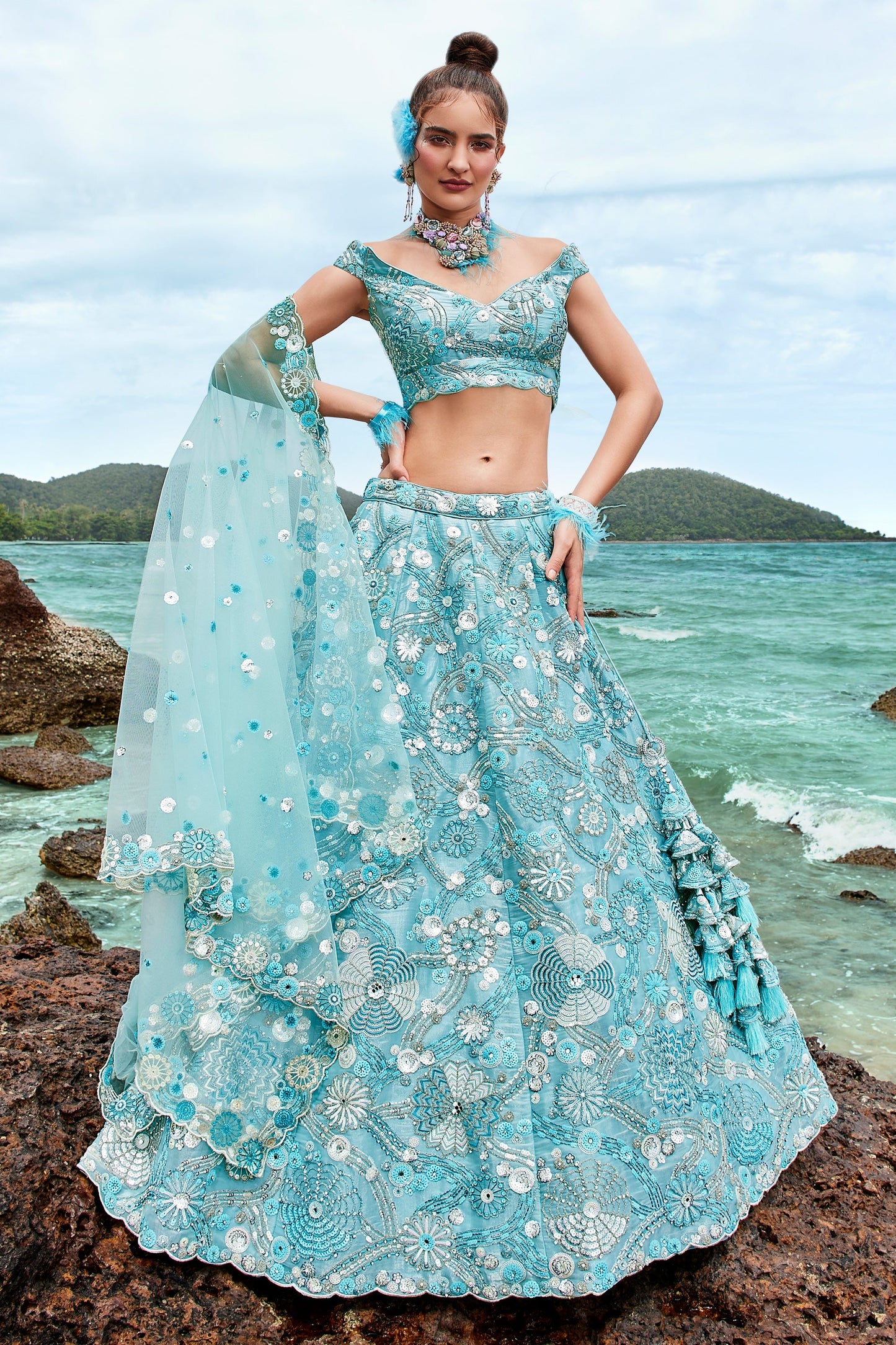 Sky Blue Organza Sequins Embroidery Lehenga Choli
