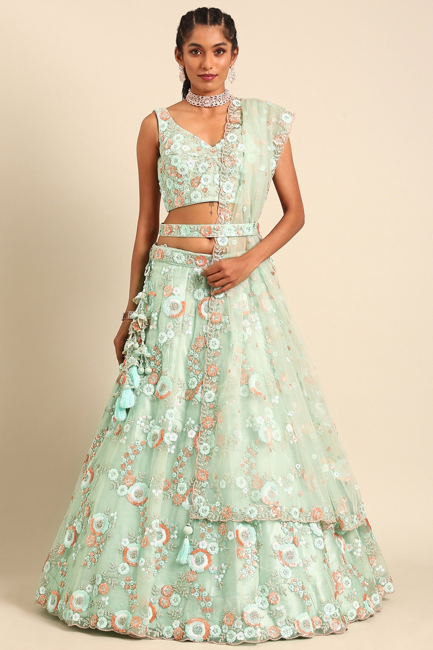 Net Fabric Sea Green Occasion Wear Sequins Work Lehenga Choli