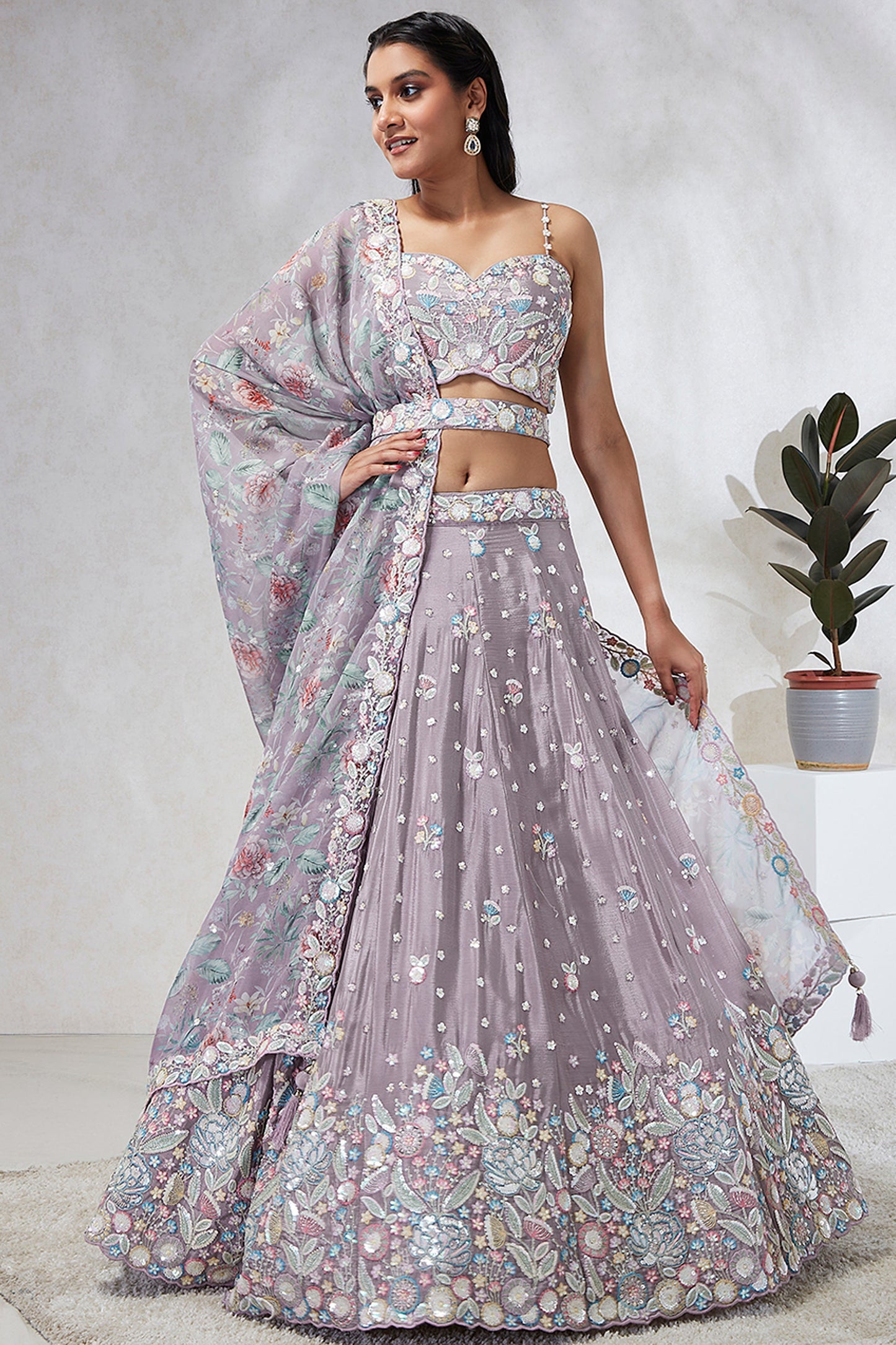 Sequins Work Lavender Chiffon Silk Fabric Occasion Wear Lehenga Choli