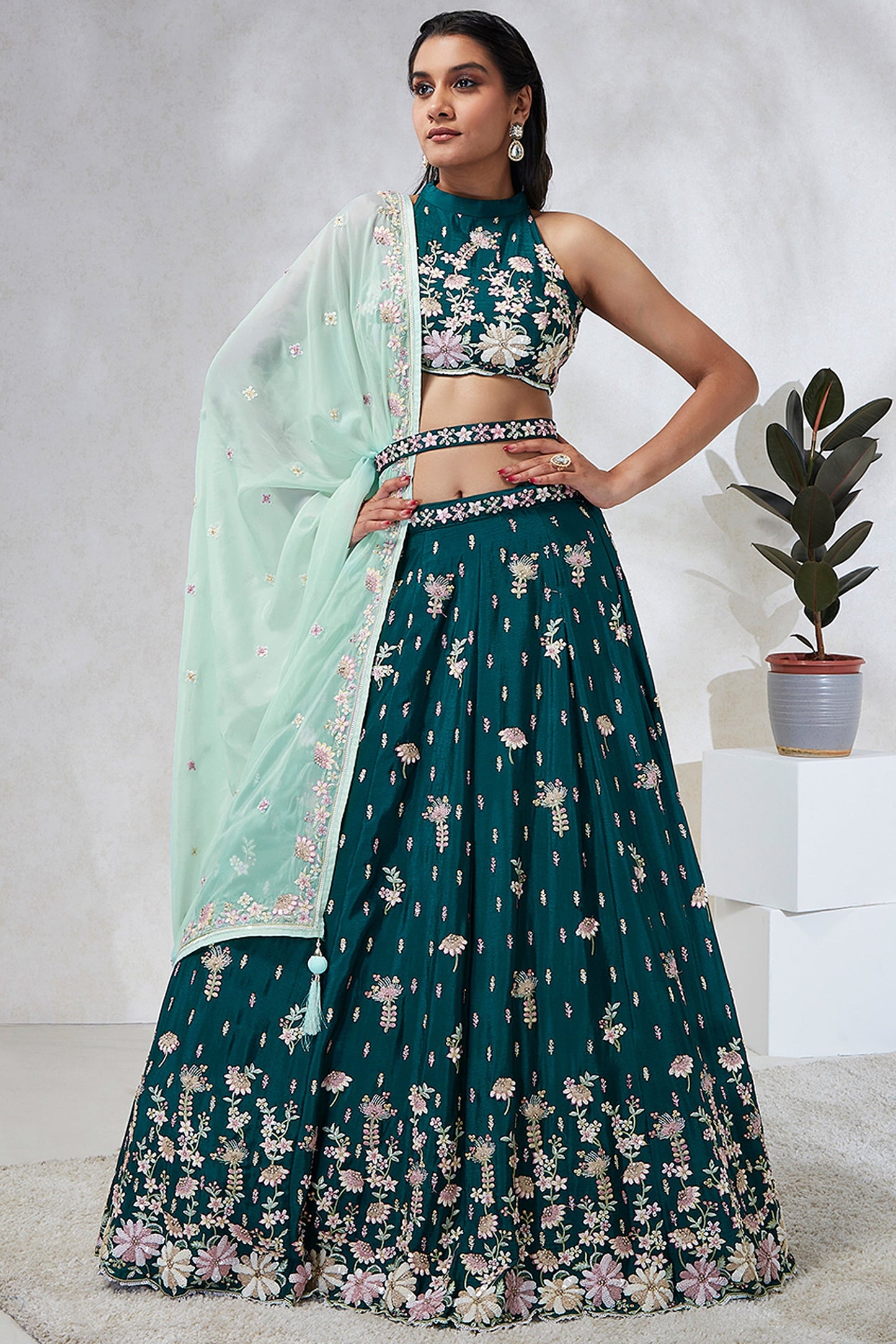 Sequins Work Georgette Wedding Wear Lehenga In Green With Ravishing Blouse