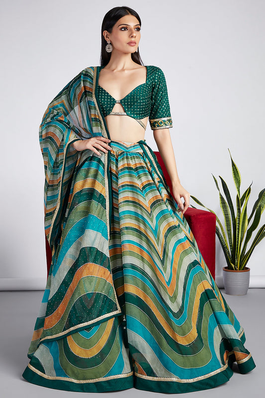 Green Organza Siroski Stone Work Leheriya Print Lehenga Choli