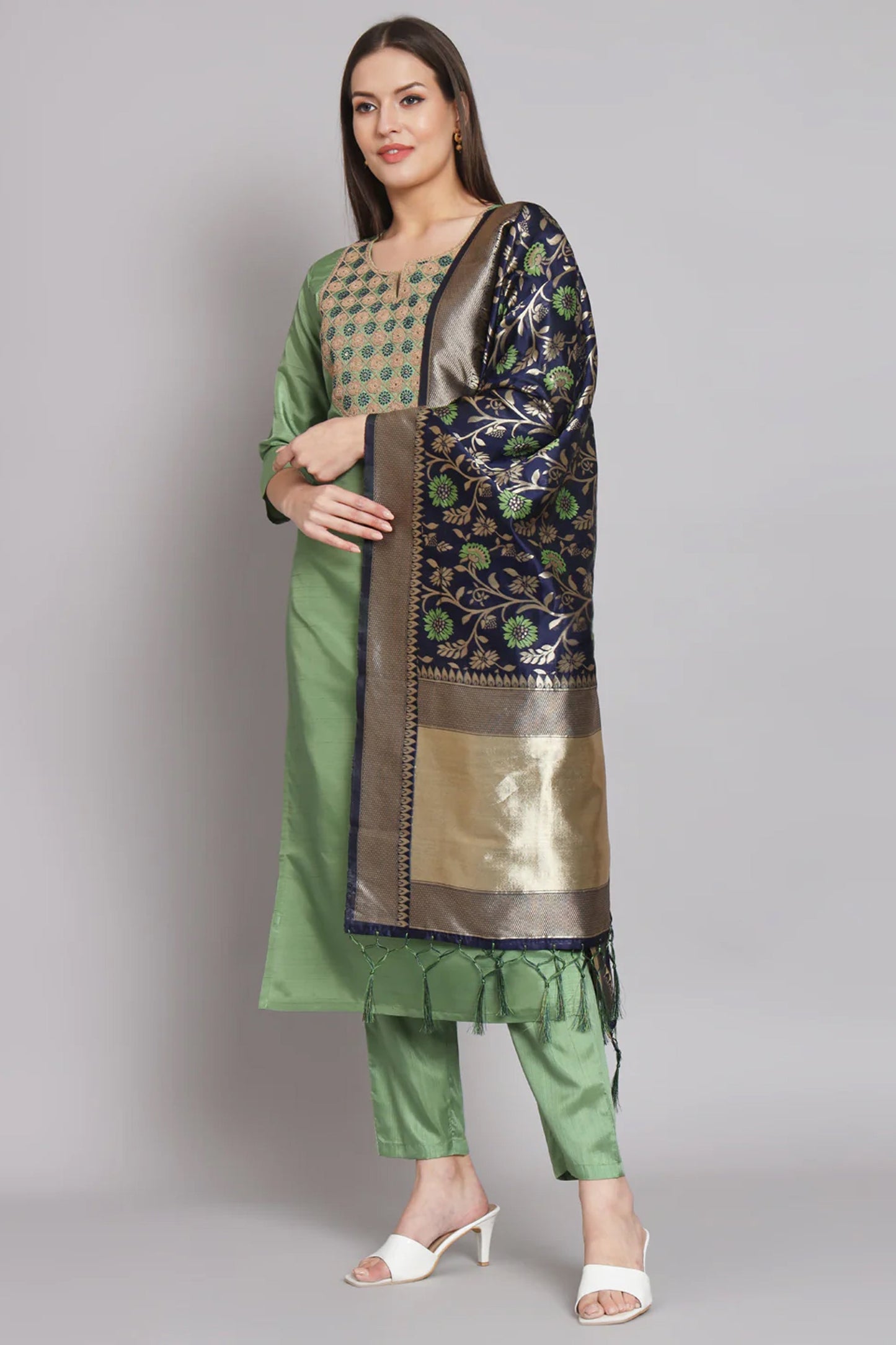 Sea Green Color Embroidered Art Silk Fabric Readymade Designer Salwar Suit With Banarasi Silk Dupatta