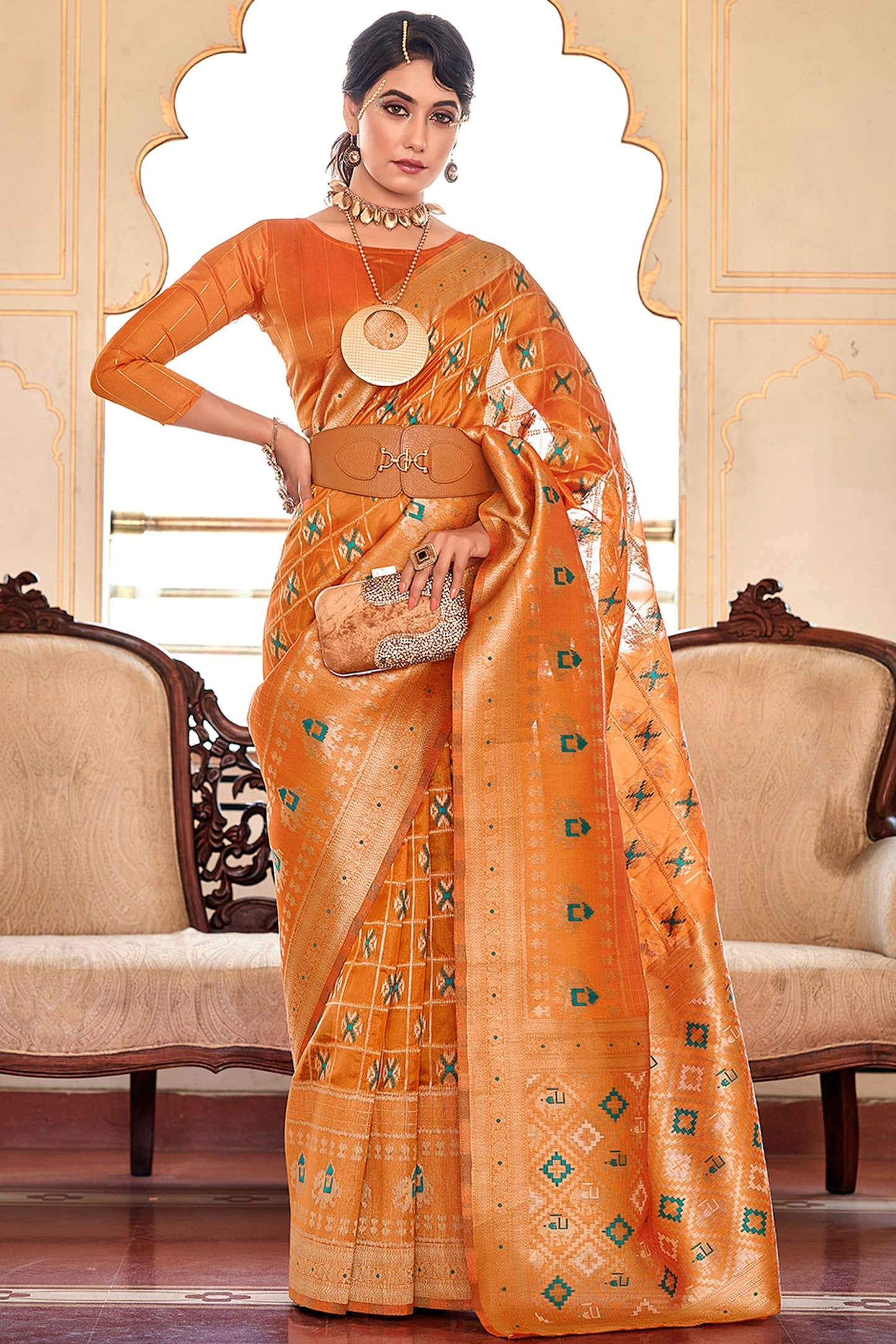 Butterfly Weaving Work Organza Fabric Saree In Orange Color