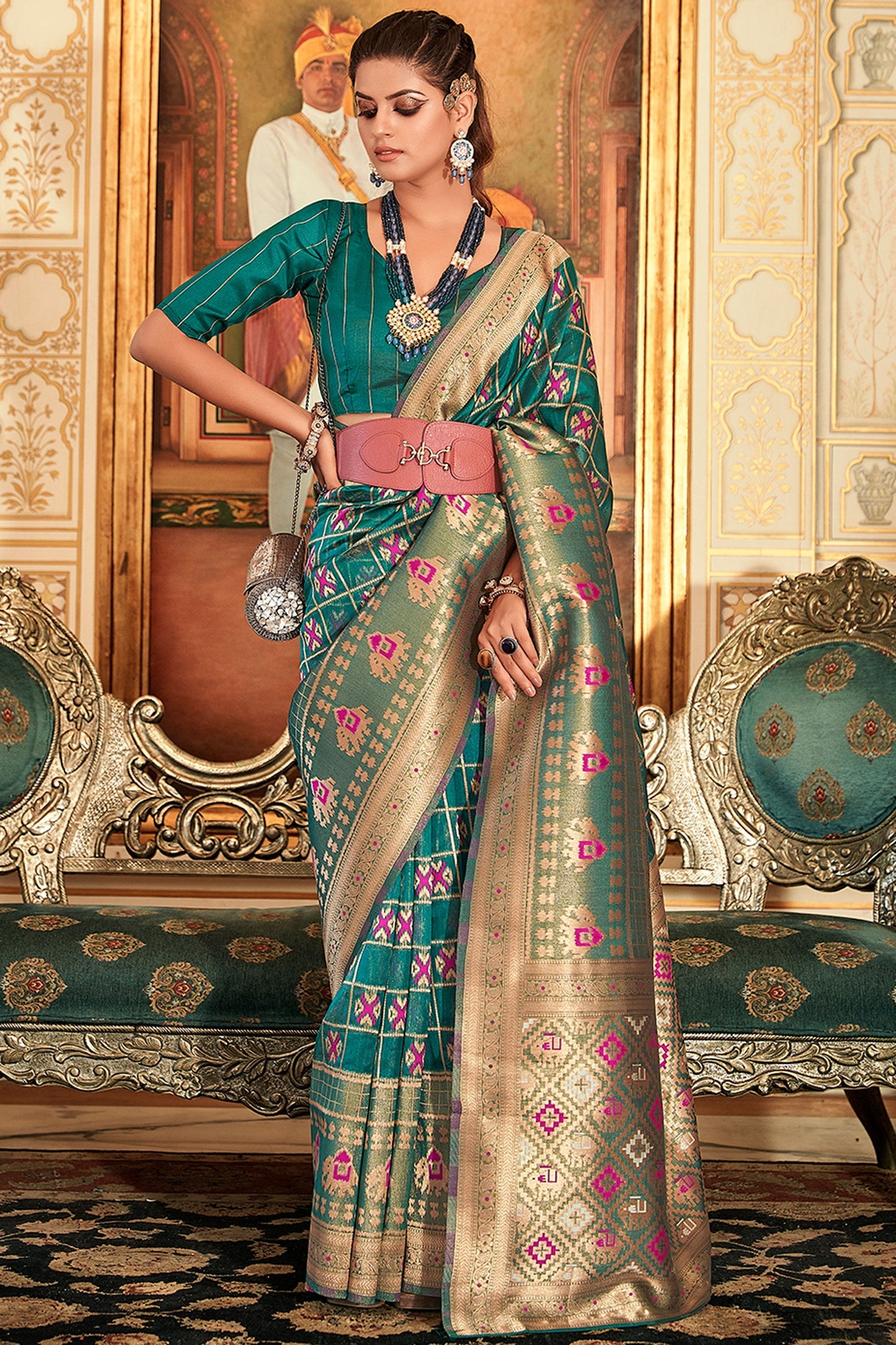 Teal Color Designer Weaving Work Organza Fabric Saree