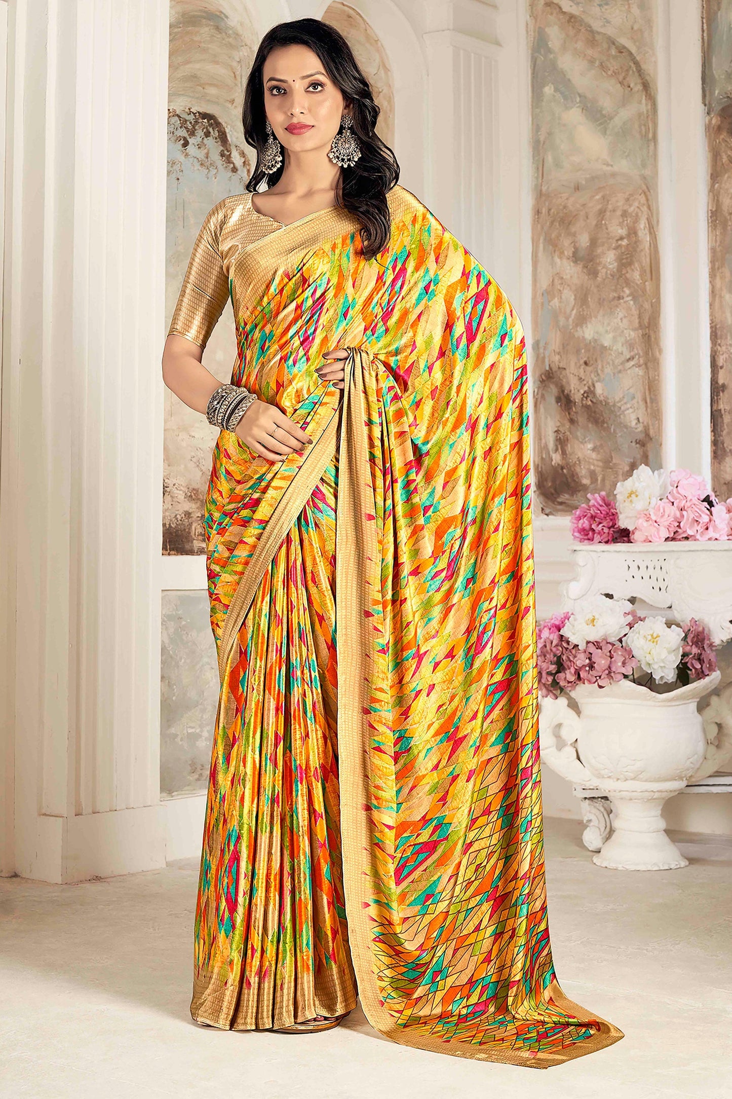 Incredible Printed Work On Crepe Silk Fabric Yellow Color Saree