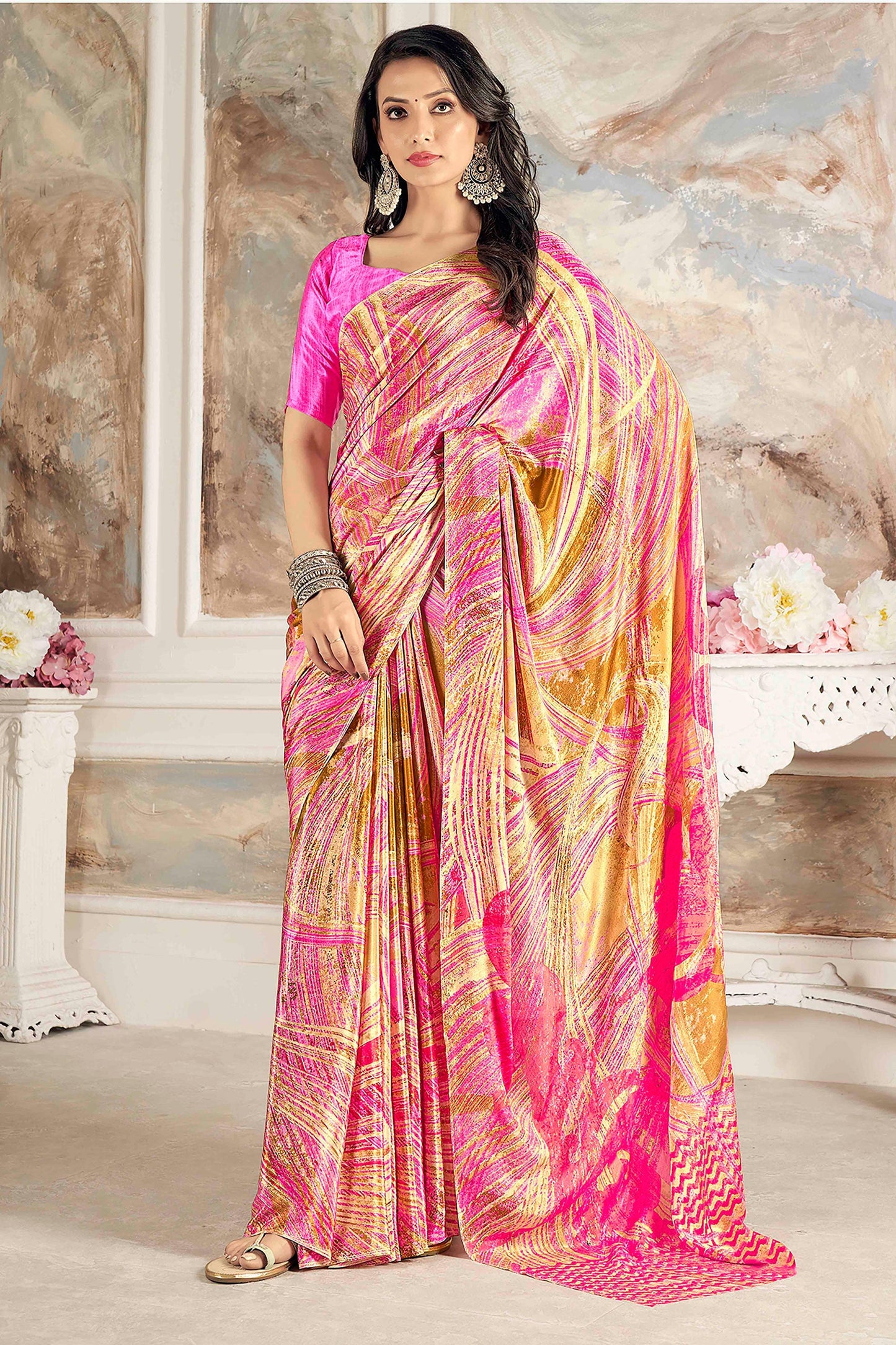 Multi Color Printed Work On Crepe Silk Fabric Chic Saree