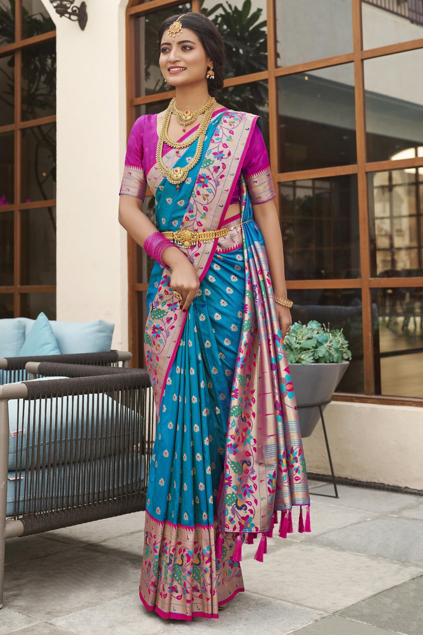 सियान रंग करिश्माई मीनाकारी काम कांचीपुरम सिल्क साड़ी