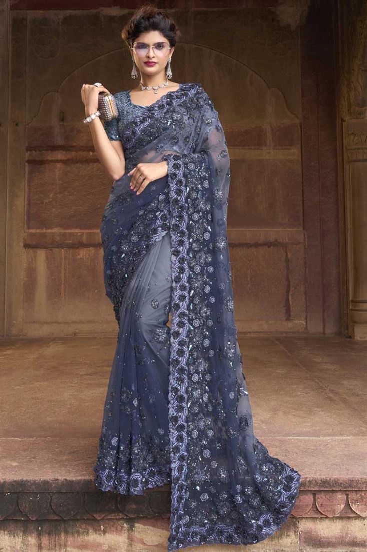 आकर्षक गहरे भूरे रंग का नेट फैब्रिक सेक्विन वर्क साड़ी